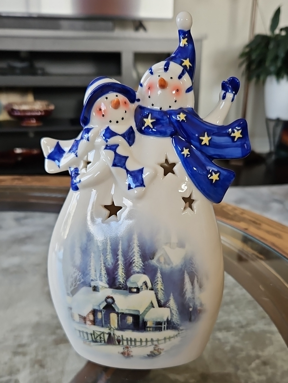 Vintage Ceramic Blue-Accented Snowman Couple Holiday Figurine Tealight Holder